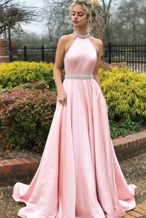 A-Line Pink Satin Open Back Sleeveless Prom Dress with Beading,DP0198