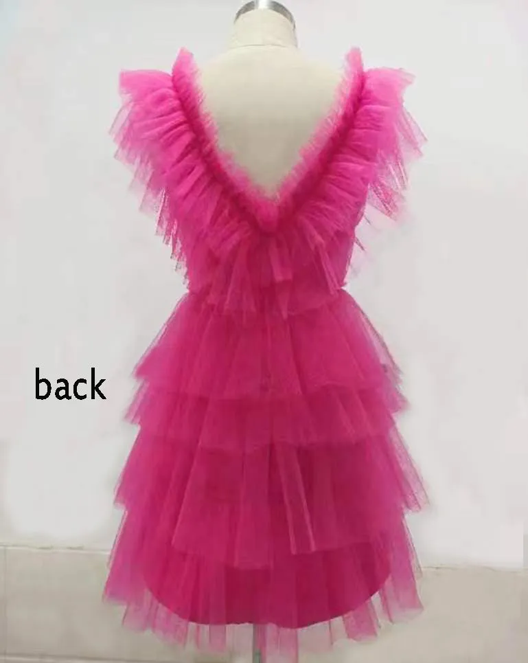 A Line Pink V Neck Tiered Homecoming Dress,Tulle Short Prom Party Dresses