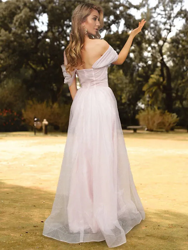 A-Line Prom Dresses Corsets Dress Engagement Floor Length Short Sleeve Off Shoulder Tulle with Pleats