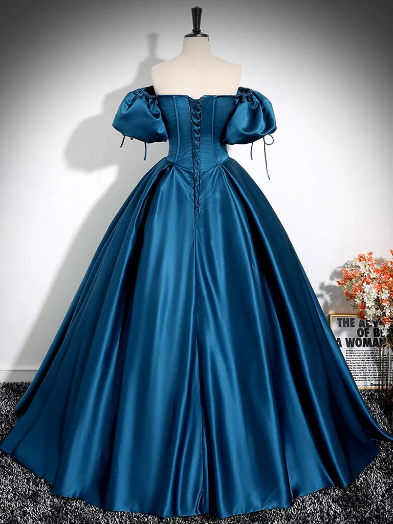 A-Line Puff Sleeves Satin Peacock Blue Long Prom Dress, Blue Long Formal Dress