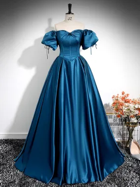 A-Line Puff Sleeves Satin Peacock Blue Long Prom Dress, Blue Long Formal Dress