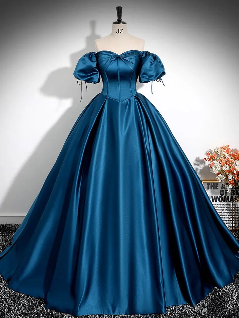 A-Line Puff Sleeves Satin Peacock Blue Long Prom Dress, Blue Long Formal Dress