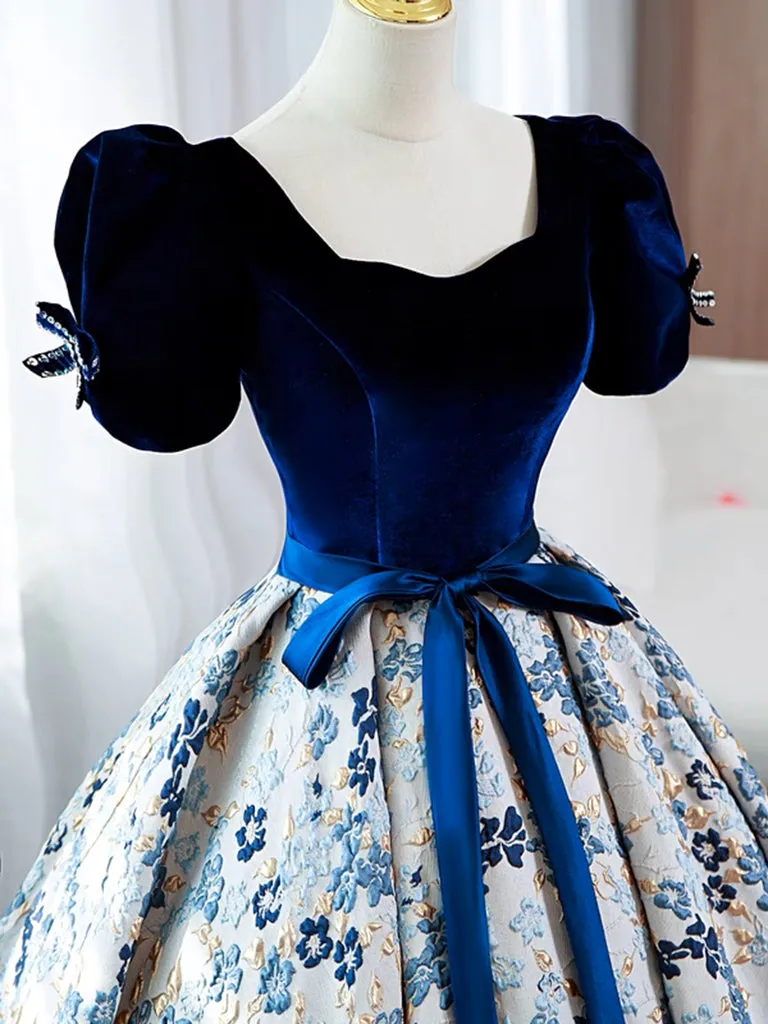 A-Line Puff Sleeves Velvet Satin Blue Long Prom Dress, Blue Long Evening Dress