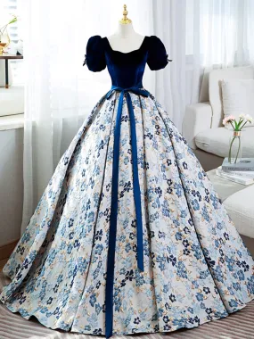 A-Line Puff Sleeves Velvet Satin Blue Long Prom Dress, Blue Long Evening Dress