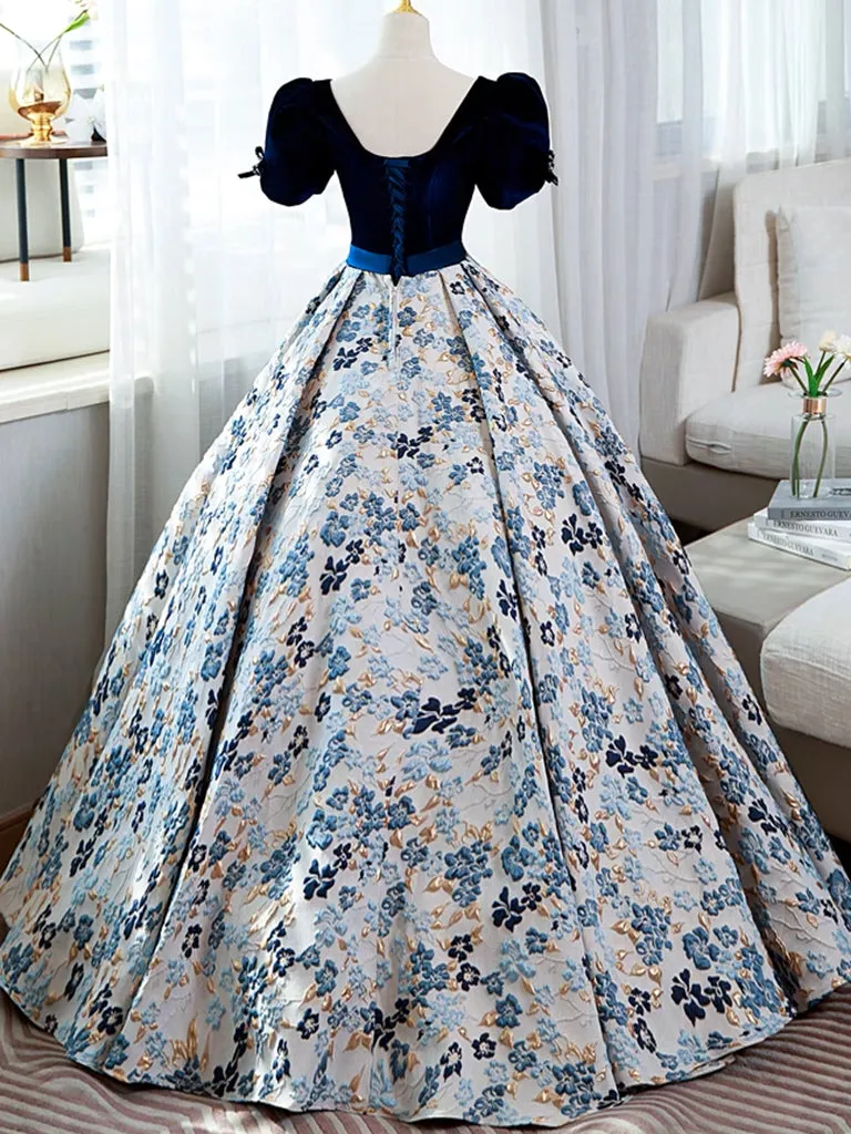 A-Line Puff Sleeves Velvet Satin Blue Long Prom Dress, Blue Long Evening Dress