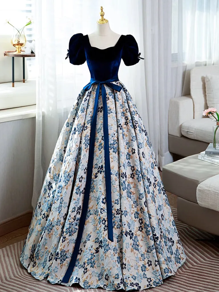 A-Line Puff Sleeves Velvet Satin Blue Long Prom Dress, Blue Long Evening Dress