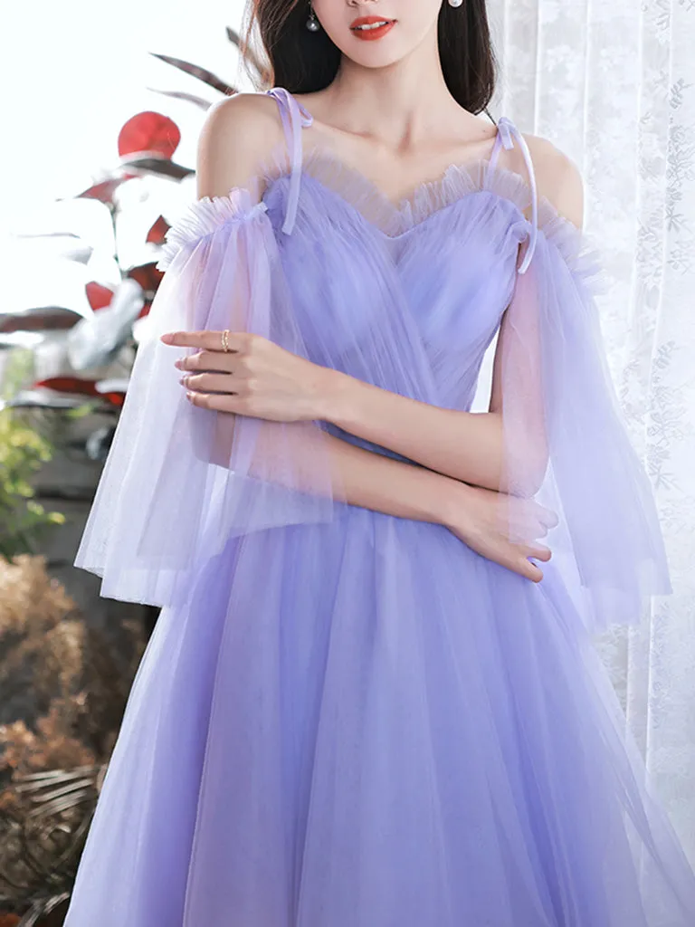 A-Line Purple V Neck Tulle Short Prom Dress, Purple Homecoming Dress