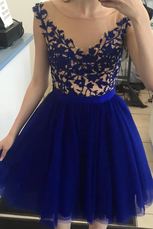 A Line Round Neck Cap Sleeves Short Royal Blue Prom Dress, Short Royal Blue Homecoming Dress, Graduation Dress, Bridesmaid Dress