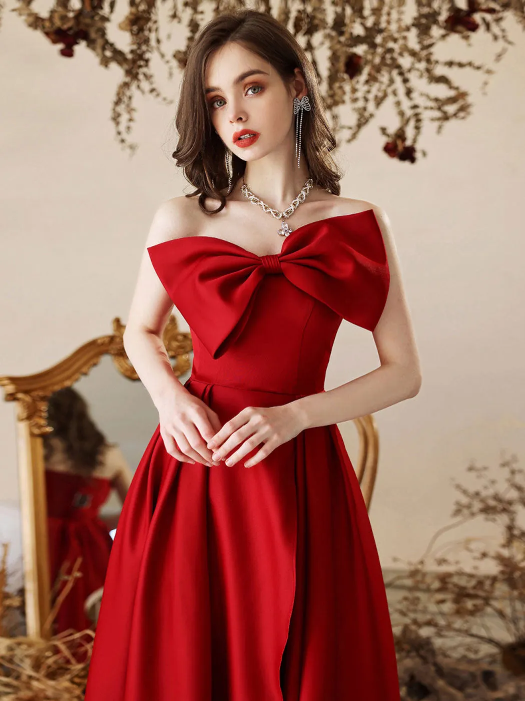 A-Line Satin Burgundy Long Prom Dress, Burgundy Formal Evening Dress