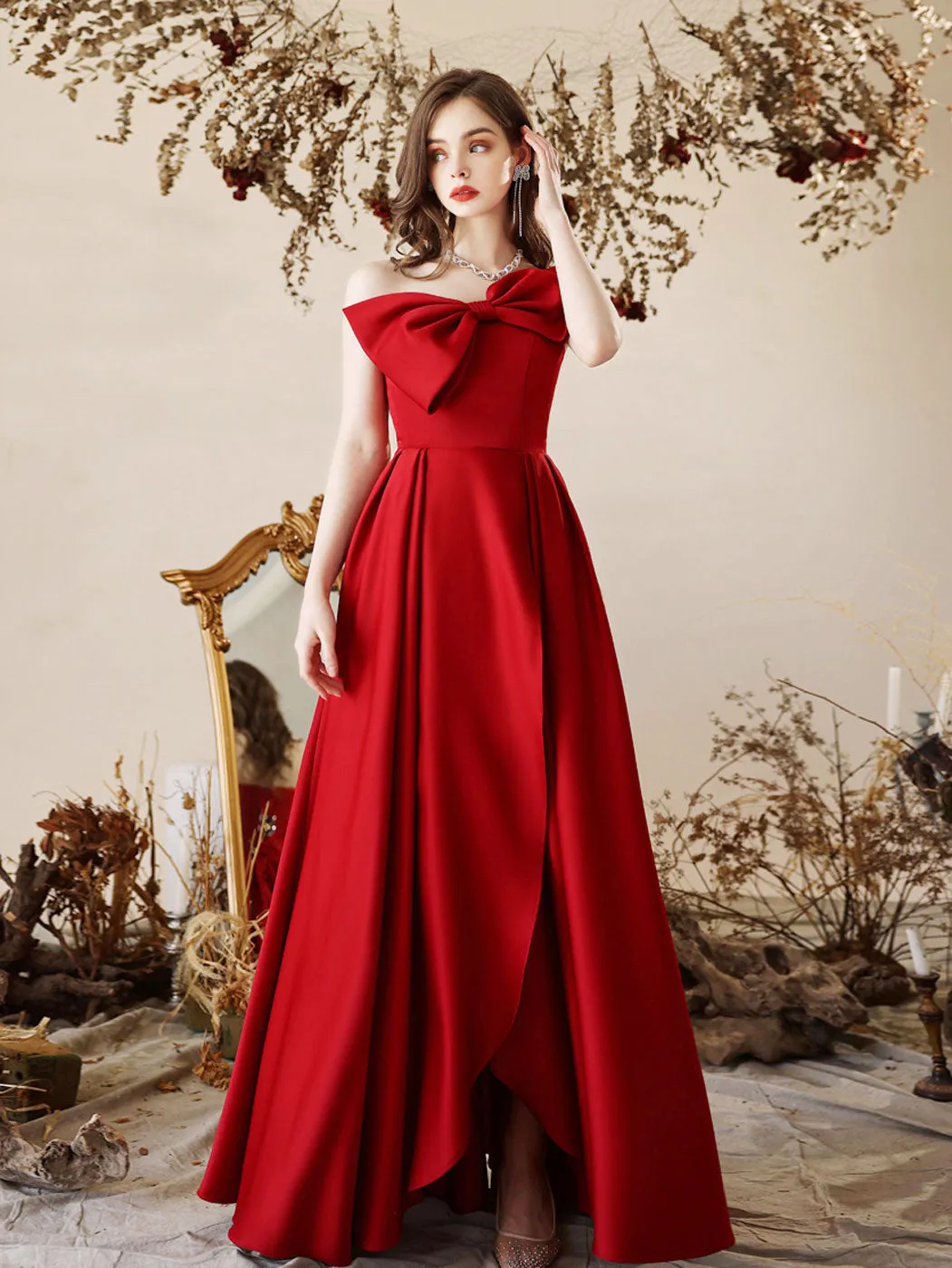 A-Line Satin Burgundy Long Prom Dress, Burgundy Formal Evening Dress