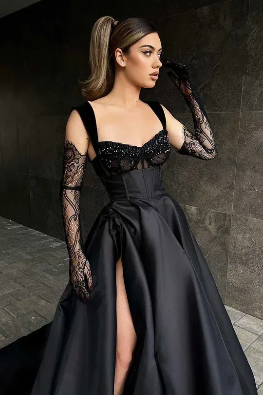 A-line Satin Long Prom Dresses, Beaded Lace Newest 2024 Long Prom Dresses, Black Wedding Dresses