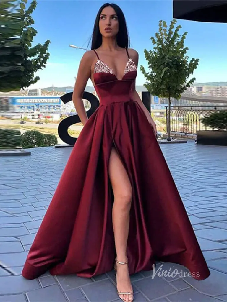 A-line Satin Prom Dresses with Slit and Pockets Spaghetti Strap FD1551F