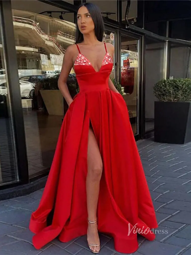 A-line Satin Prom Dresses with Slit and Pockets Spaghetti Strap FD1551F