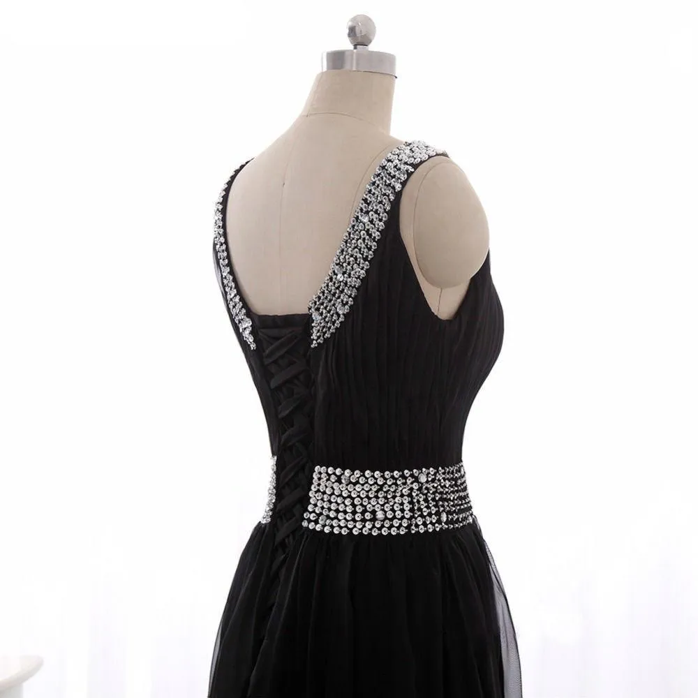 A-line Scoop-Neck Sweep Train Tulle Black Prom Dresses With Sequins ASD27098