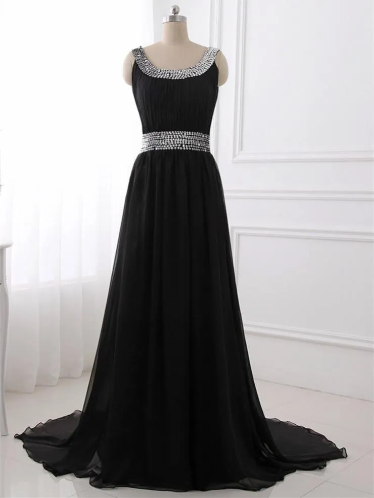 A-line Scoop-Neck Sweep Train Tulle Black Prom Dresses With Sequins ASD27098