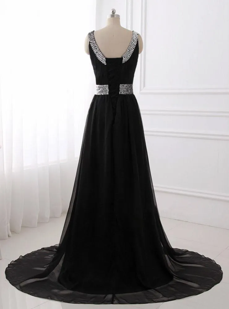 A-line Scoop-Neck Sweep Train Tulle Black Prom Dresses With Sequins ASD27098