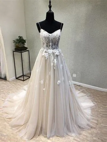 A-line Spaghetti Strap Chapel Train Tulle Appliqued Wedding Dresses With Flowers SWD033