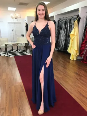 A Line Spaghetti Straps Lace Navy Blue Chiffon Long Prom Dresses, Navy Blue Formal Dresses