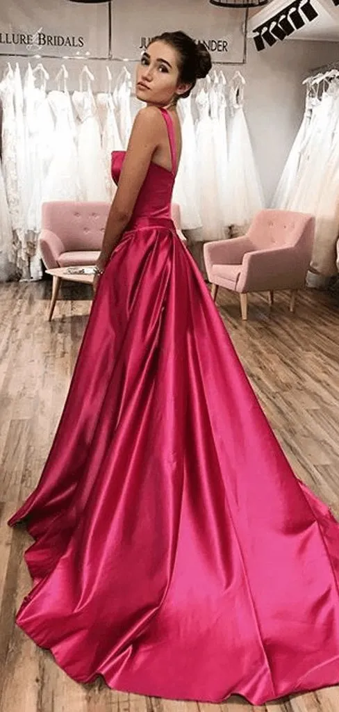 A-line Straps Fuchsia Long Prom Dresses Satin Evening Dress,DP300