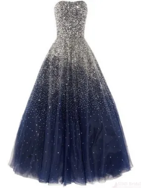 A-line Sweetheart Floor-Length Tulle Navy Prom Dresses With Sequins HX00134