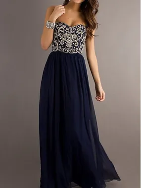 A Line Sweetheart Neck Backless Navy Blue Floor Length Long Prom Dress, Formal Dresses