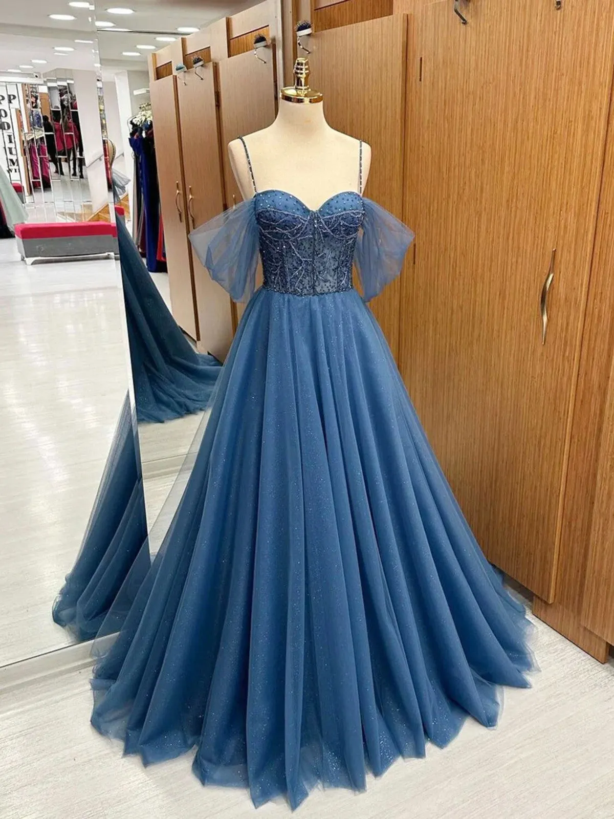 A Line Sweetheart Neck Beading Tulle Blue Long Prom Dresses, Blue Tulle Formal Evening Dresses