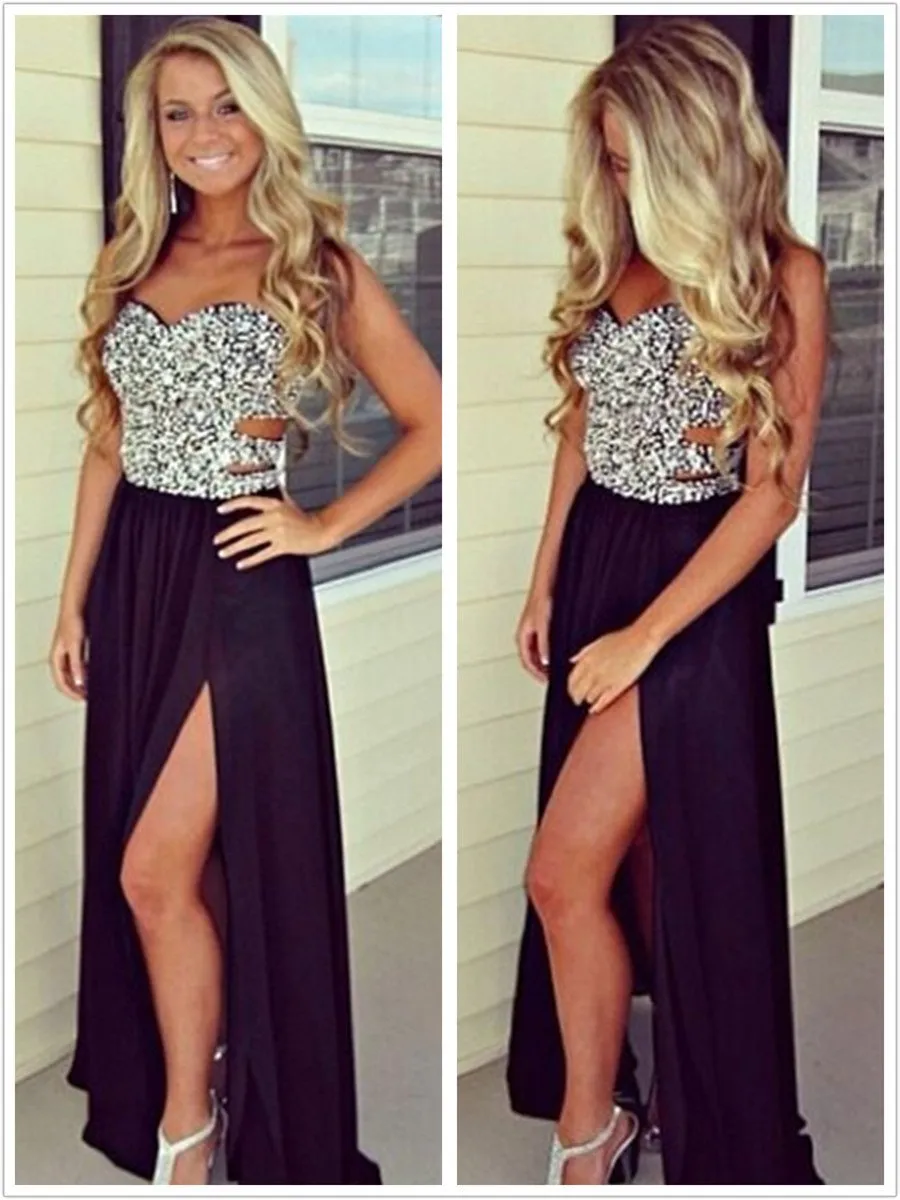 A Line Sweetheart Neck Black Rhinestone Long Prom Dresses, Black Formal Dresses