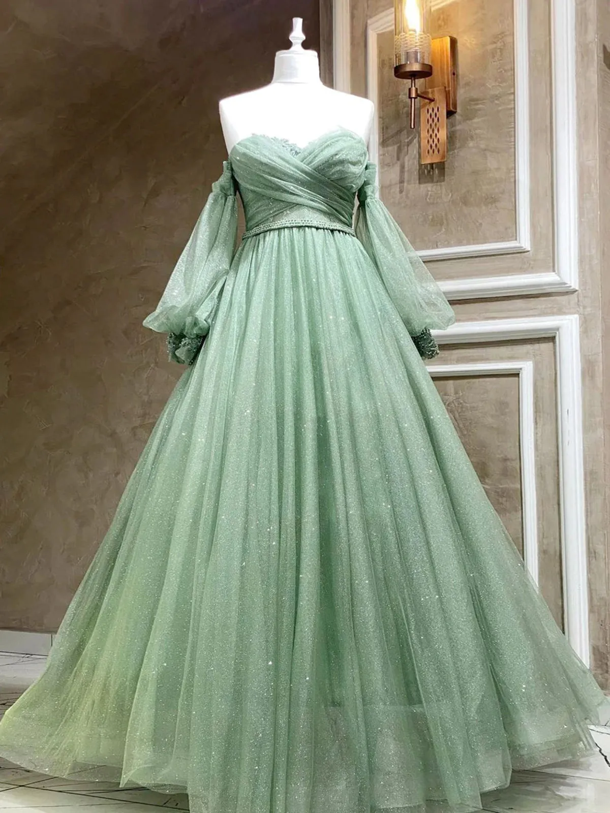 A Line Sweetheart Neck Long Sleeves Green Tulle Long Prom Dress, Long Green Formal Evening Dress