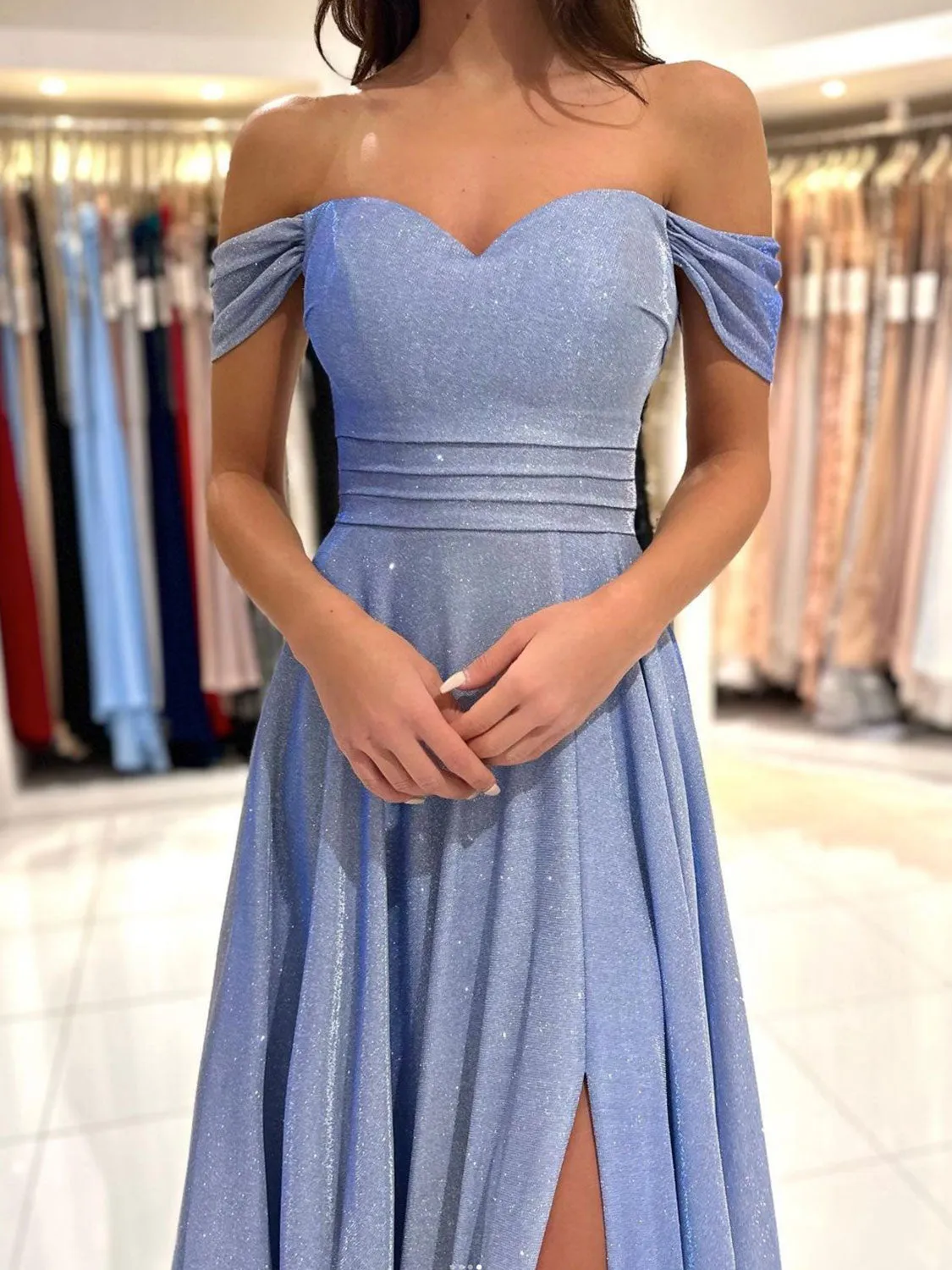 A-Line Sweetheart Neck Off Shoulder Blue Long Prom Dress, Blue Formal Evening Dress