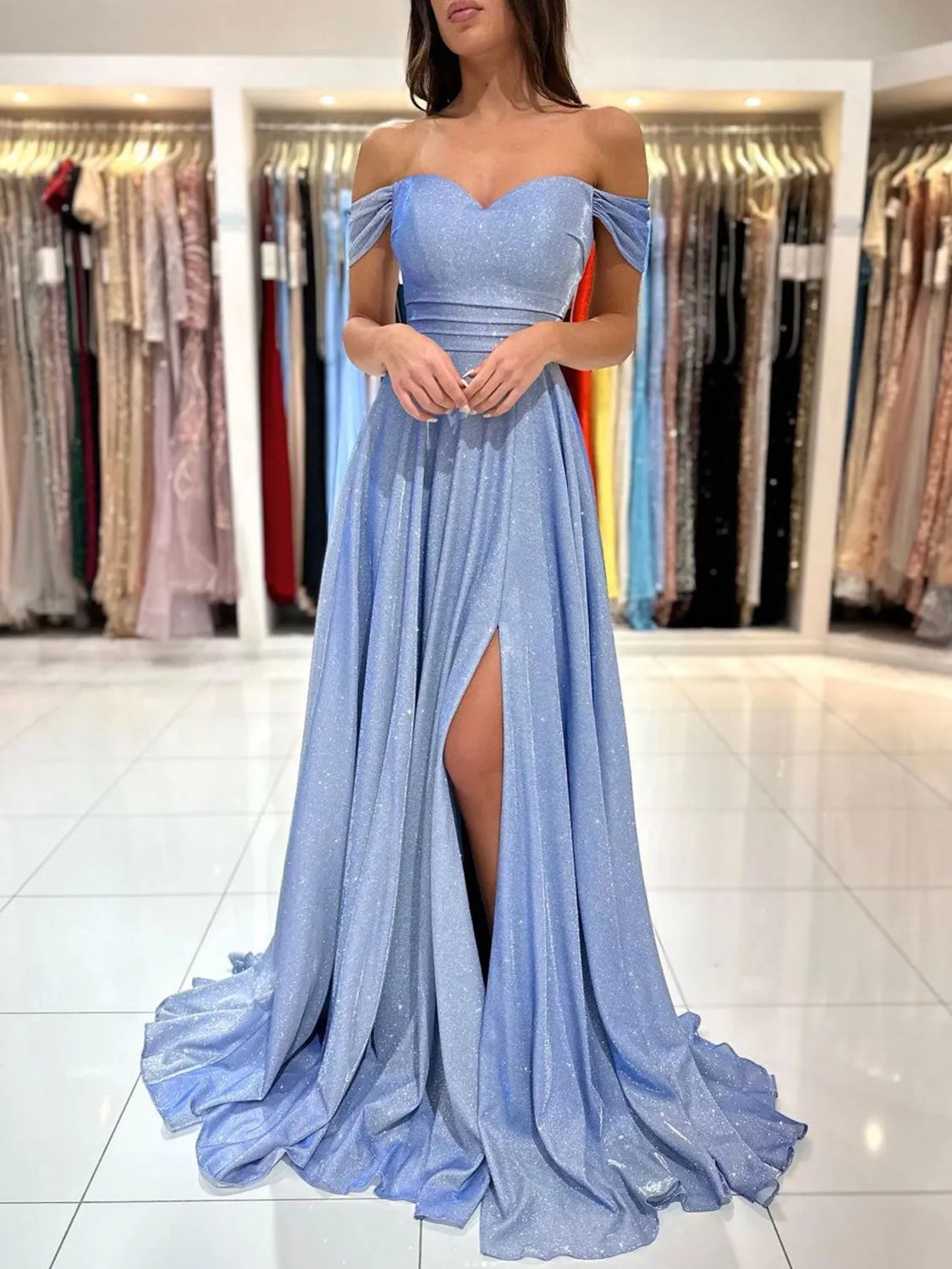 A-Line Sweetheart Neck Off Shoulder Blue Long Prom Dress, Blue Formal Evening Dress