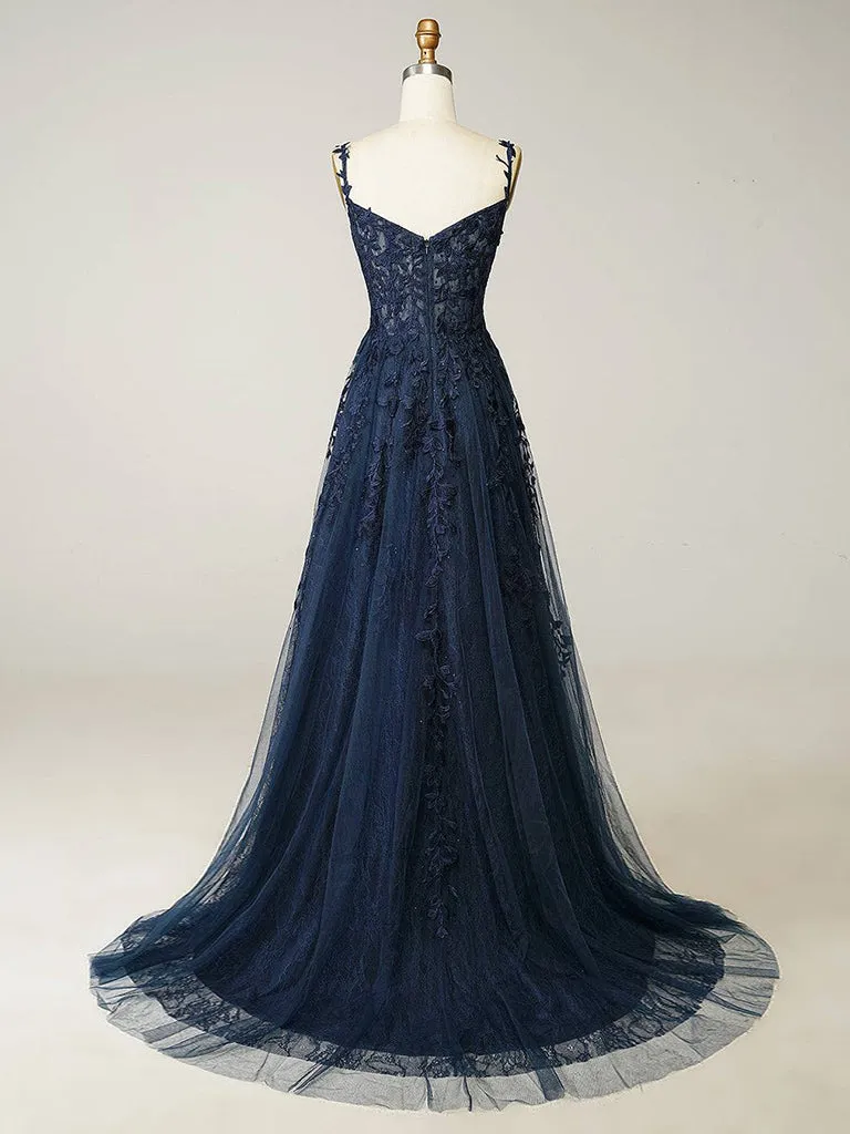 A-Line Sweetheart Neck Tulle Lace Dark Blue Long Prom Dress, Dark Blue Long Evening Dress