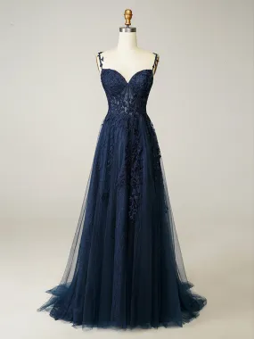 A-Line Sweetheart Neck Tulle Lace Dark Blue Long Prom Dress, Dark Blue Long Formal Dress