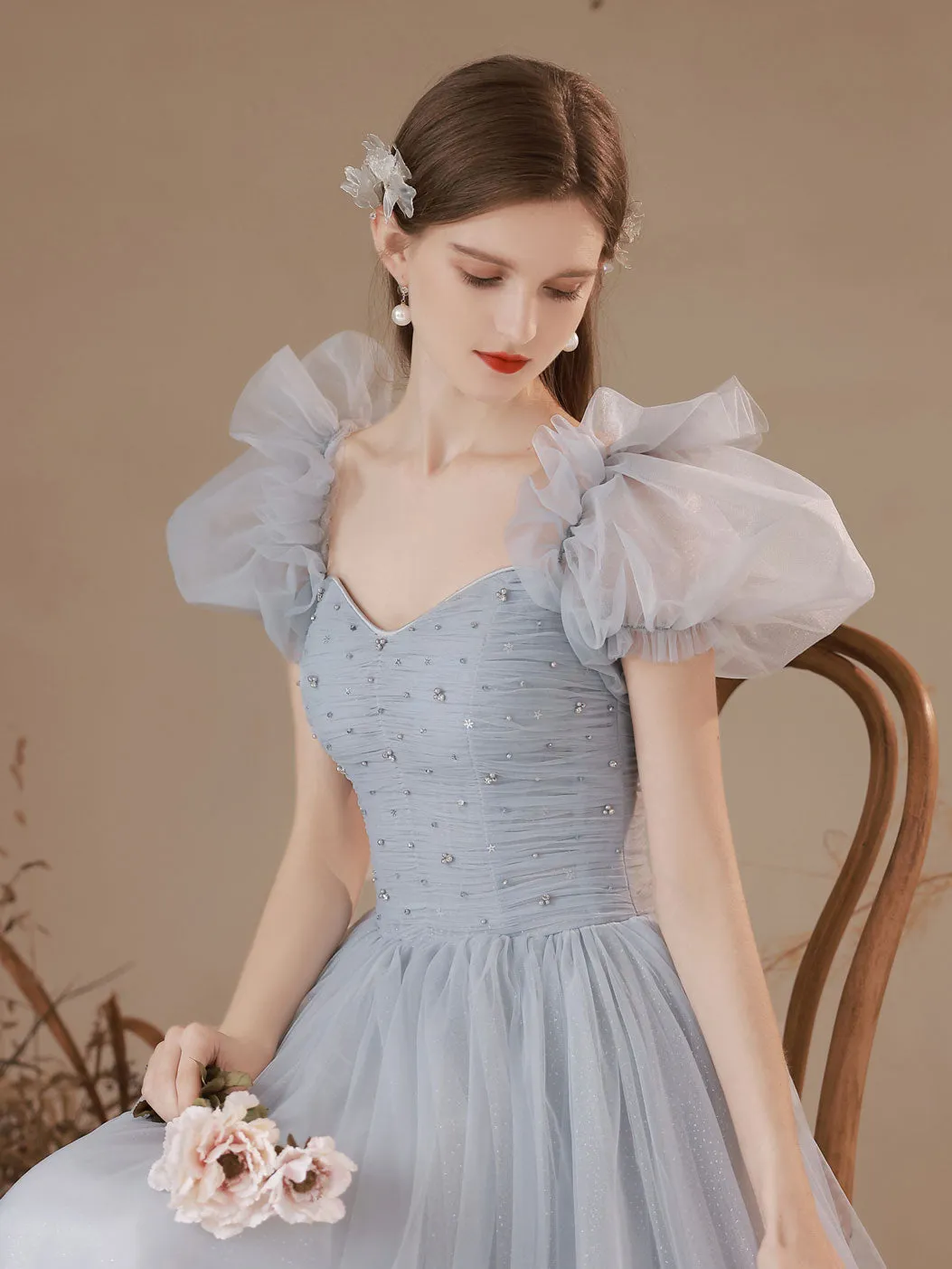 A-Line Sweetheart Neck Tulle Long Prom Dress, Blue Formal Graduation Dresses