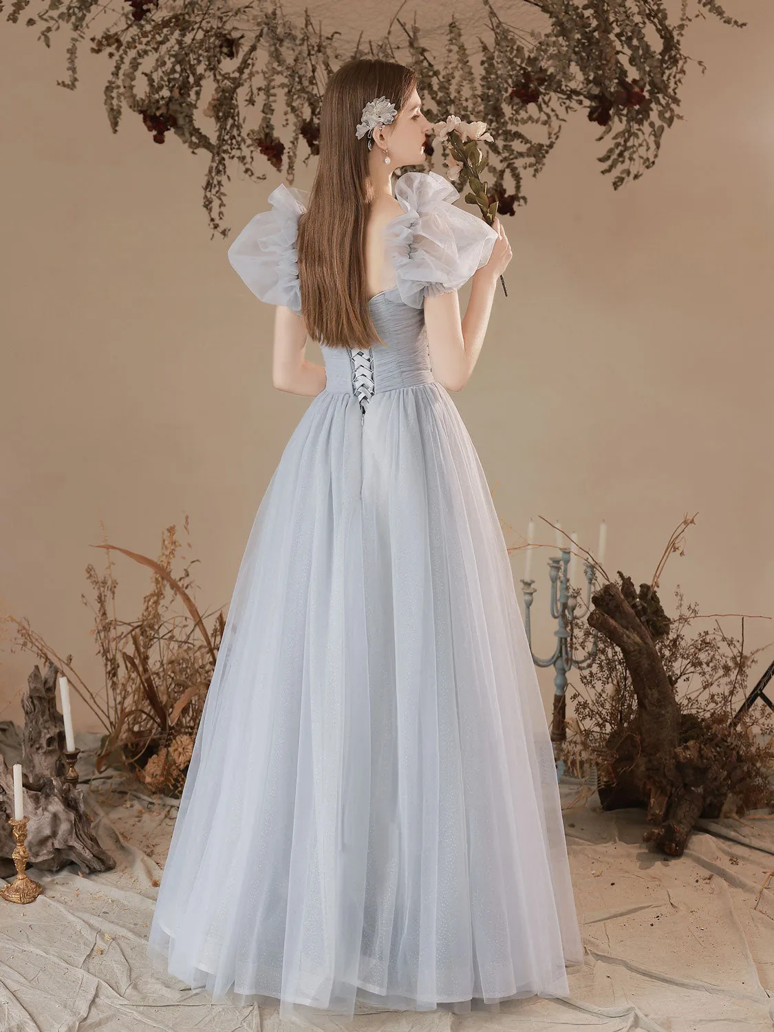 A-Line Sweetheart Neck Tulle Long Prom Dress, Blue Formal Graduation Dresses