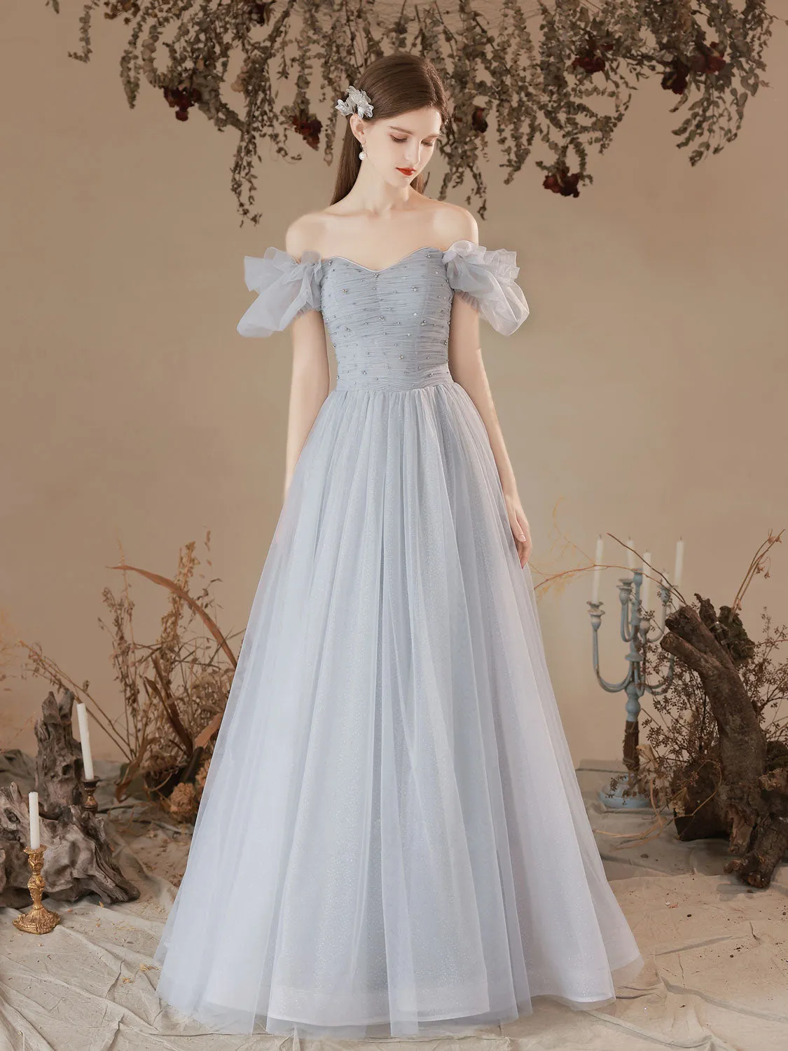 A-Line Sweetheart Neck Tulle Long Prom Dress, Blue Formal Graduation Dresses