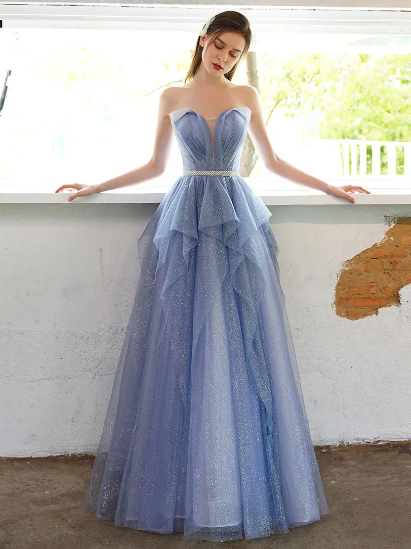 A line sweetheart neck tulle long prom dress, tulle formal evening dress