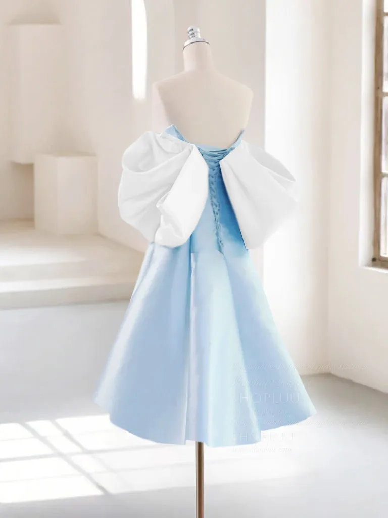 A-Line Sweetheart Neck White/ Blue Short Prom Dress, Cute Homecoming Dress