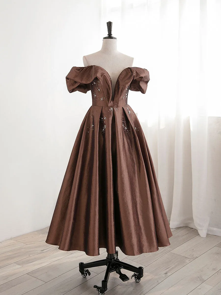 A-Line Tea length Brown Prom dresses, Off Shoulder Brown Formal Dress with Beading