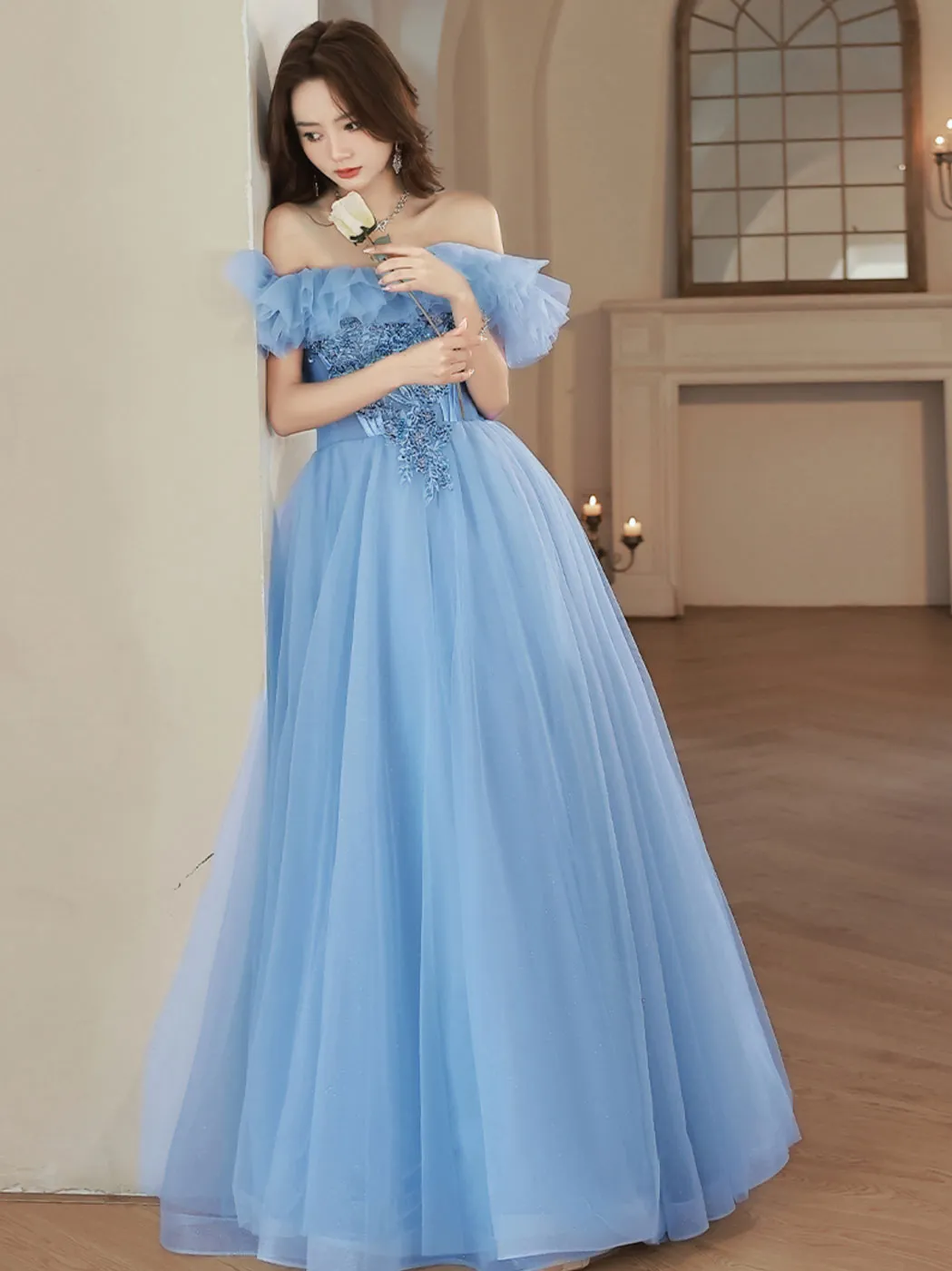 A-Line Tulle Lace Blue Long Prom Dress, Blue Formal Dresses