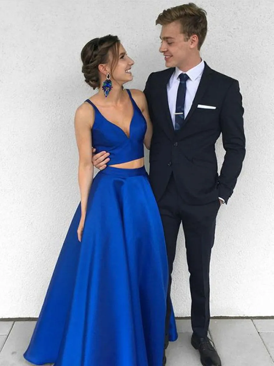 A Line Two Pieces Royal Blue Long Prom Dresses, Royal Blue Two Pieces Formal Dresses, Two Pieces Royal Blue Graduation Dresses