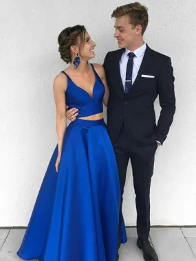 A Line Two Pieces Royal Blue Long Prom Dresses, Royal Blue Two Pieces Formal Dresses, Two Pieces Royal Blue Graduation Dresses