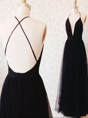 A Line V Neck Black Backless Prom Dresses, Black Backless Formal Dresses, Bridesmaid Dresses