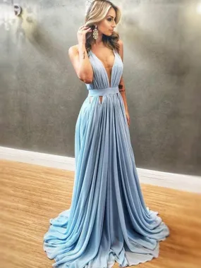 A Line V Neck Blue Chiffon Long Prom Dresses, V Neck Blue Formal Evening Dresses, Blue Bridesmaid Dresses