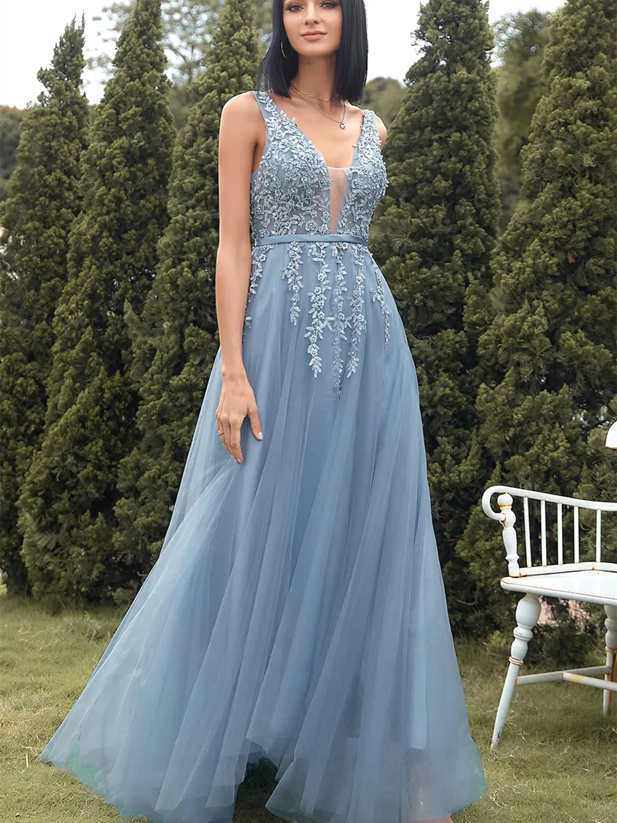 A Line V Neck Blue Lace Tulle Long Prom Dresses, Blue Lace Formal Dresses, Blue Evening Dresses SP2438