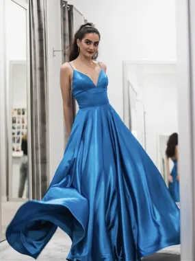 A Line V Neck Blue Satin Long Prom Dresses, Blue Satin Long Formal Evening Graduation Dresses