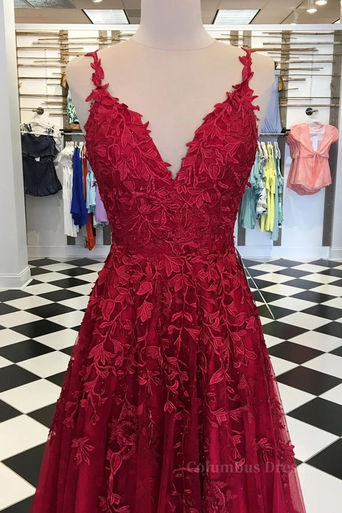 A Line V Neck Burgundy Lace Prom Dresses, Wine Burgundy Lace Formal Evening Dresses