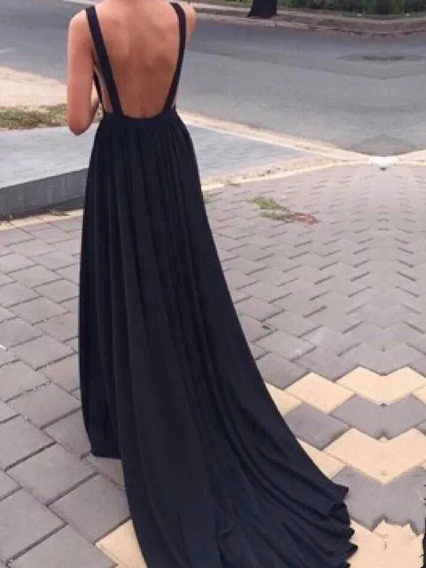 A-line  V-Neck Chapel Train Chiffon Open-Back Prom Dresses 2844