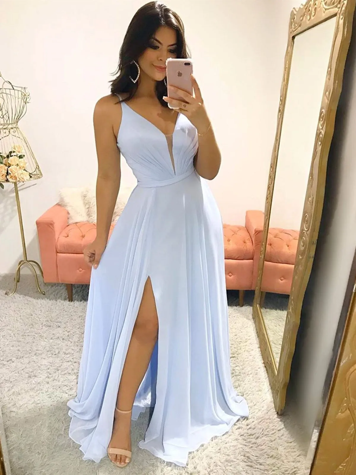 A-line V Neck Chiffon Long Prom Formal Graduation Dresses with Slit