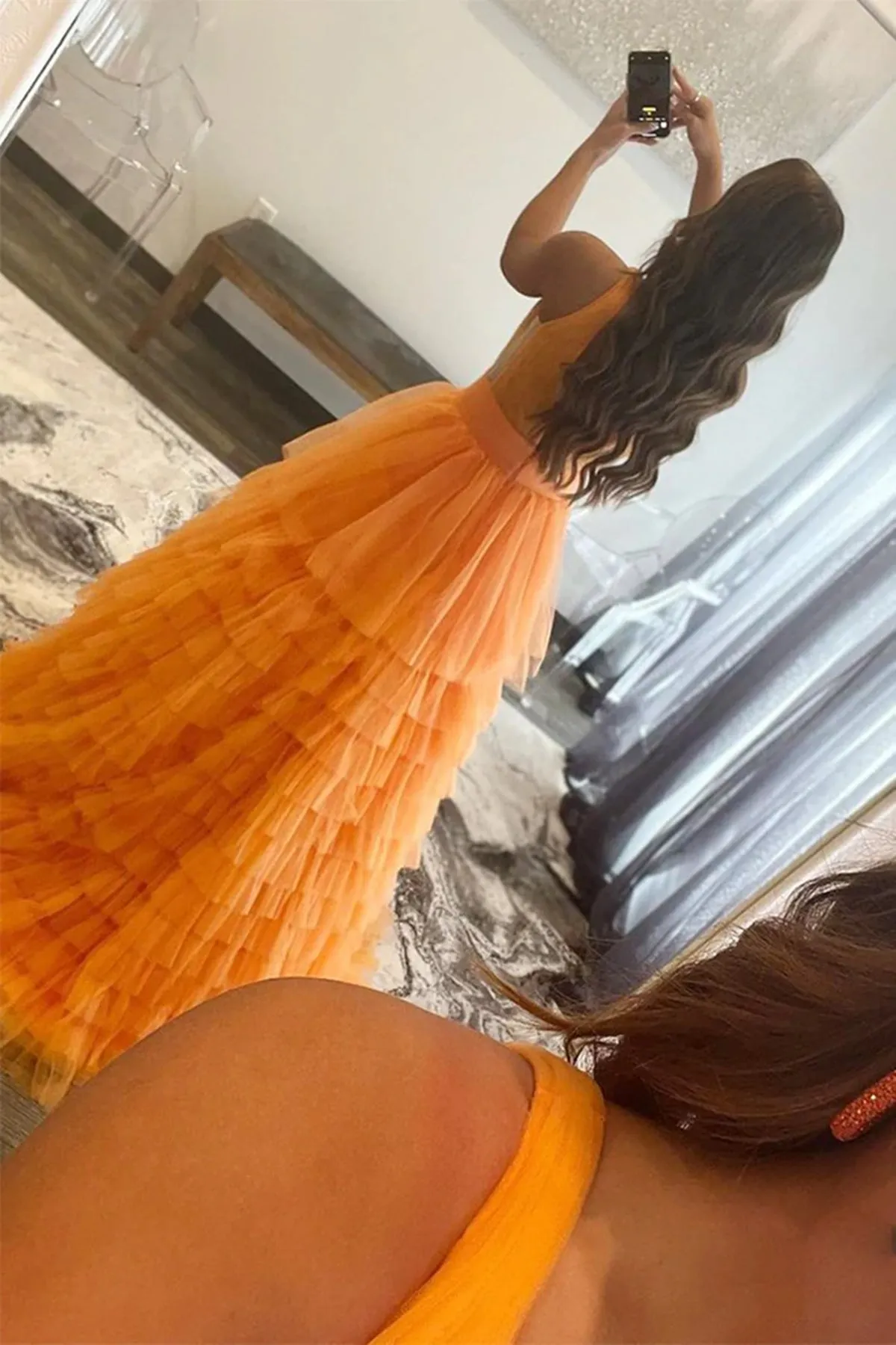 A-line V Neck Layered Tulle Long Prom Dresses Orange Formal Evening Gowns