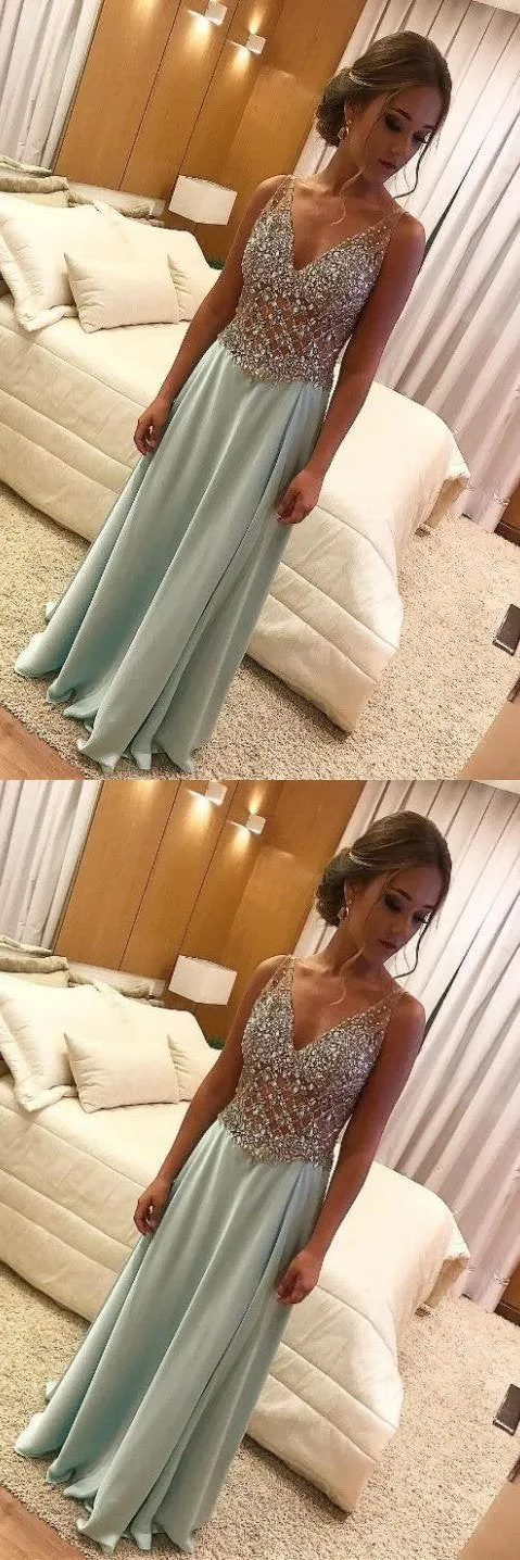 A Line V Neck Long Prom Dresses Light Green Beads Sleeveless Evening Dresses, Long Formal Dresses,BS01